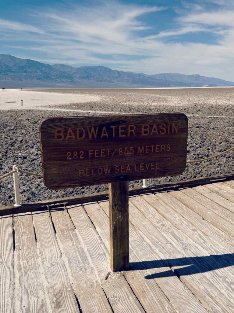 A sign at Badwater Basin in Death Valley National Park.