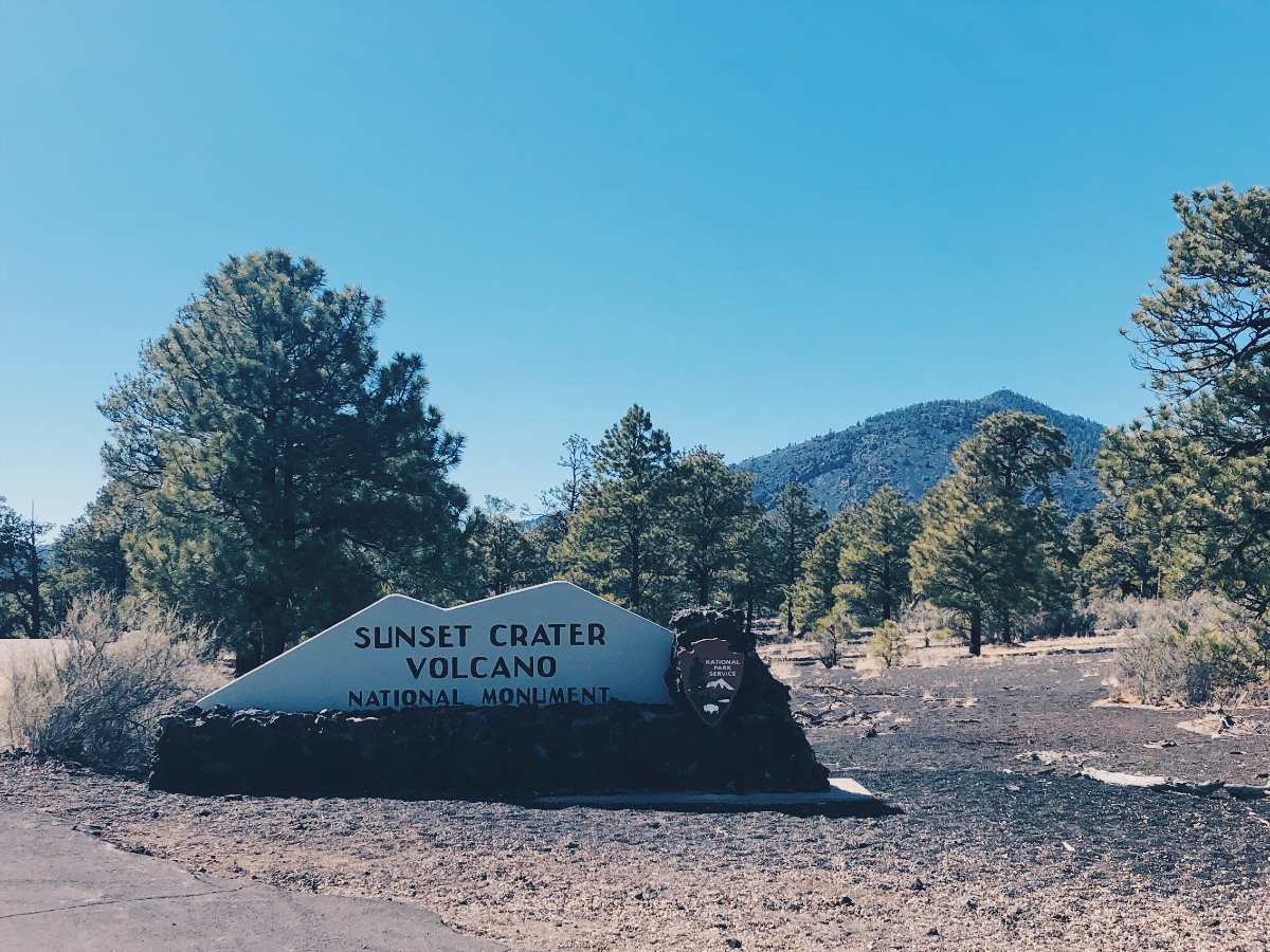 Sunset Crater Volcano National Monument sign in Arizona.