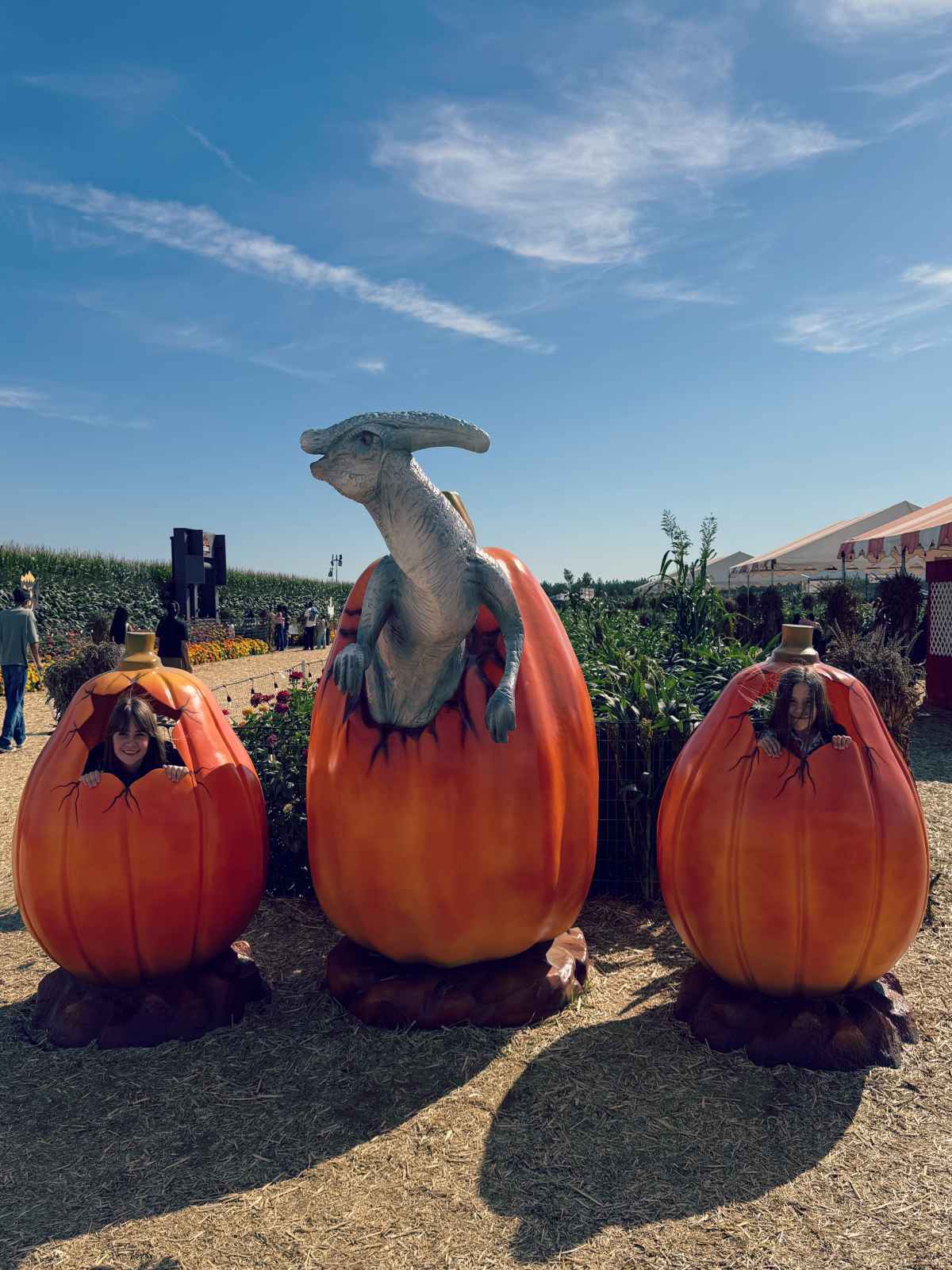 Our daughters peaking out from dinosaur eggs at Spina Farms Pumpkin Patch in Morgan Hill
