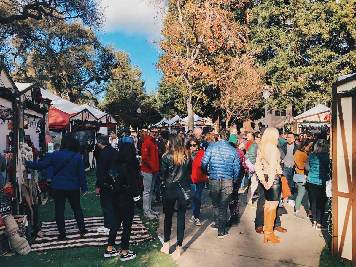 People at German Holiday Market in Mountain View, California