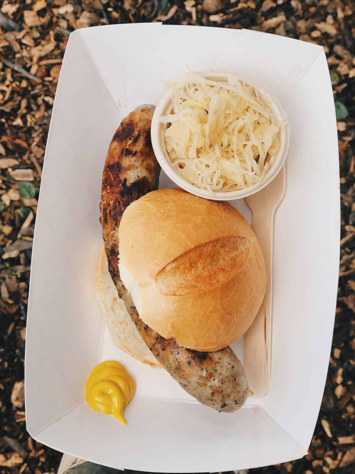 Bratwurst platter at German Holiday Market in Mountain View, California
