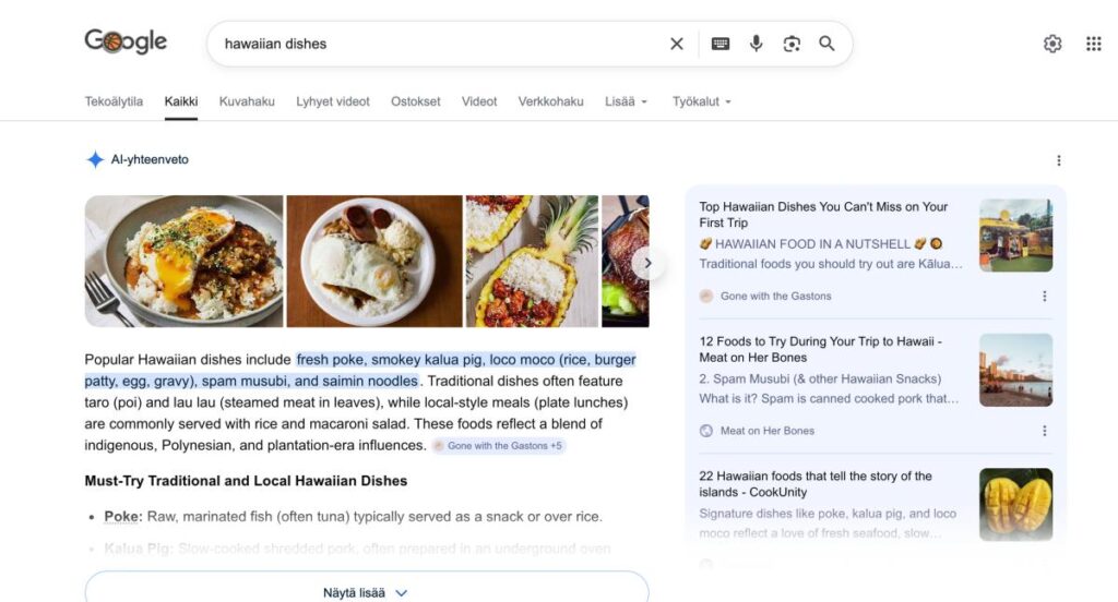 Blogi on usein Googlen hauissa  ja AI-yhteenvedoissa ensimmäisellä sijalla kuten tämä Havaijista kertova postaus.