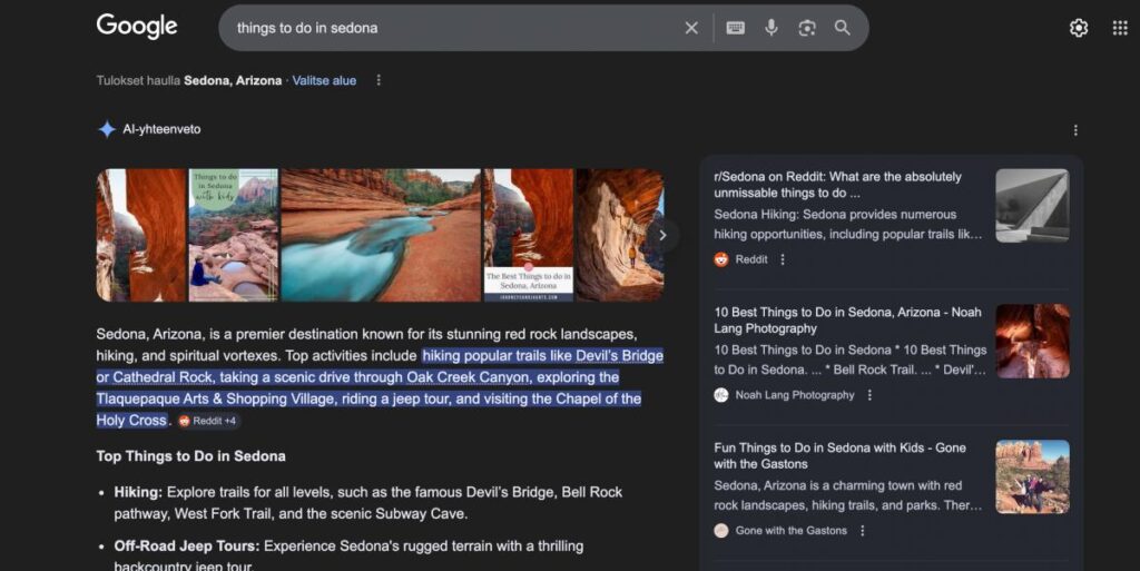 Blogi on usein Googlen hauissa  ja AI-yhteenvedoissa ensimmäisellä sijalla kuten tämä Sedonasta kertova postaus.
