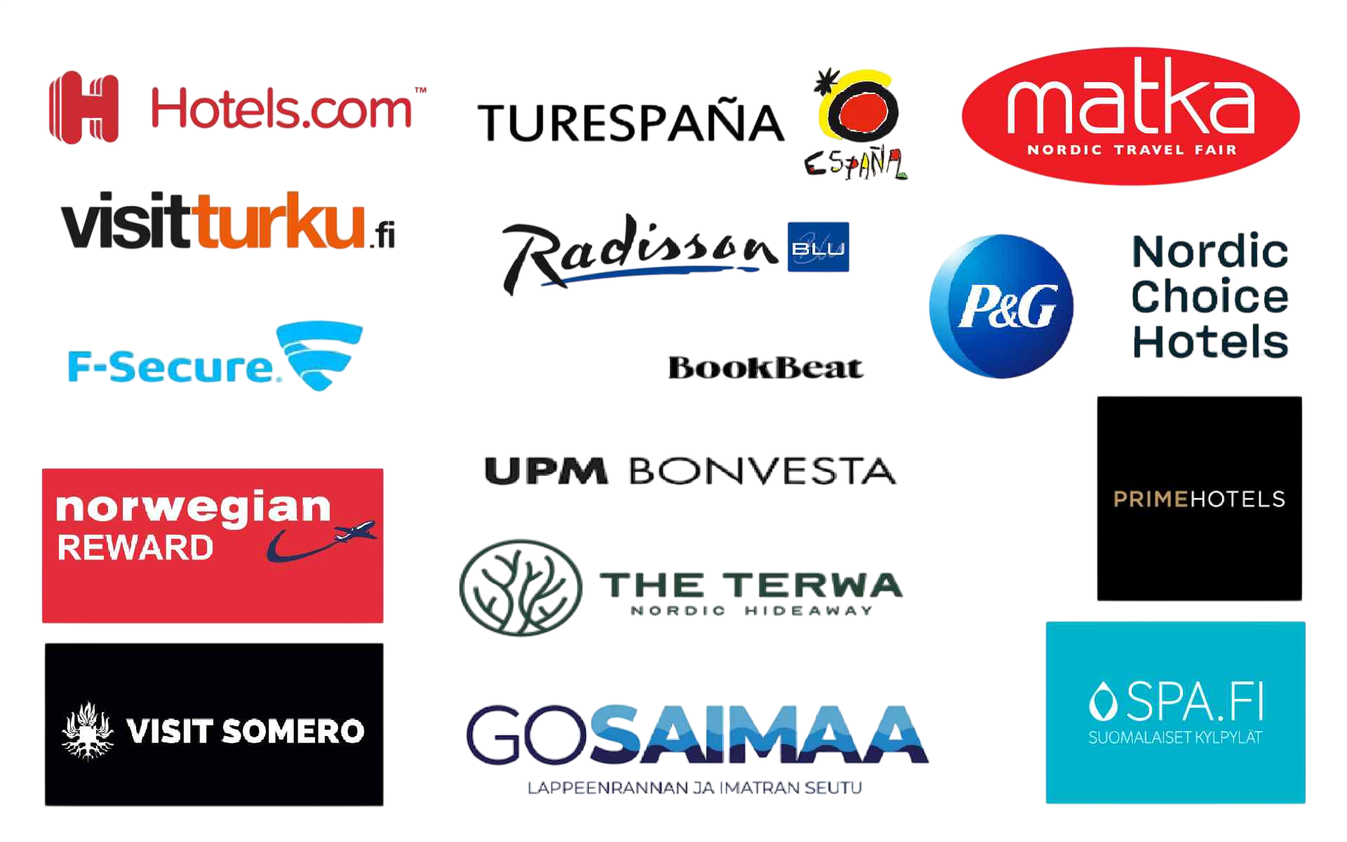 Tekemiämme yhteistöitä: Matkamessut, Hotels.com, Primehotels, Visit Turku, TurEspana, F-Secure, BookBeat, P&G, RadissonBlu, The Terwa, GoSaimaa, UPM Bonvesta, Norwegian Reward, Visit Somero ja Spa.fi