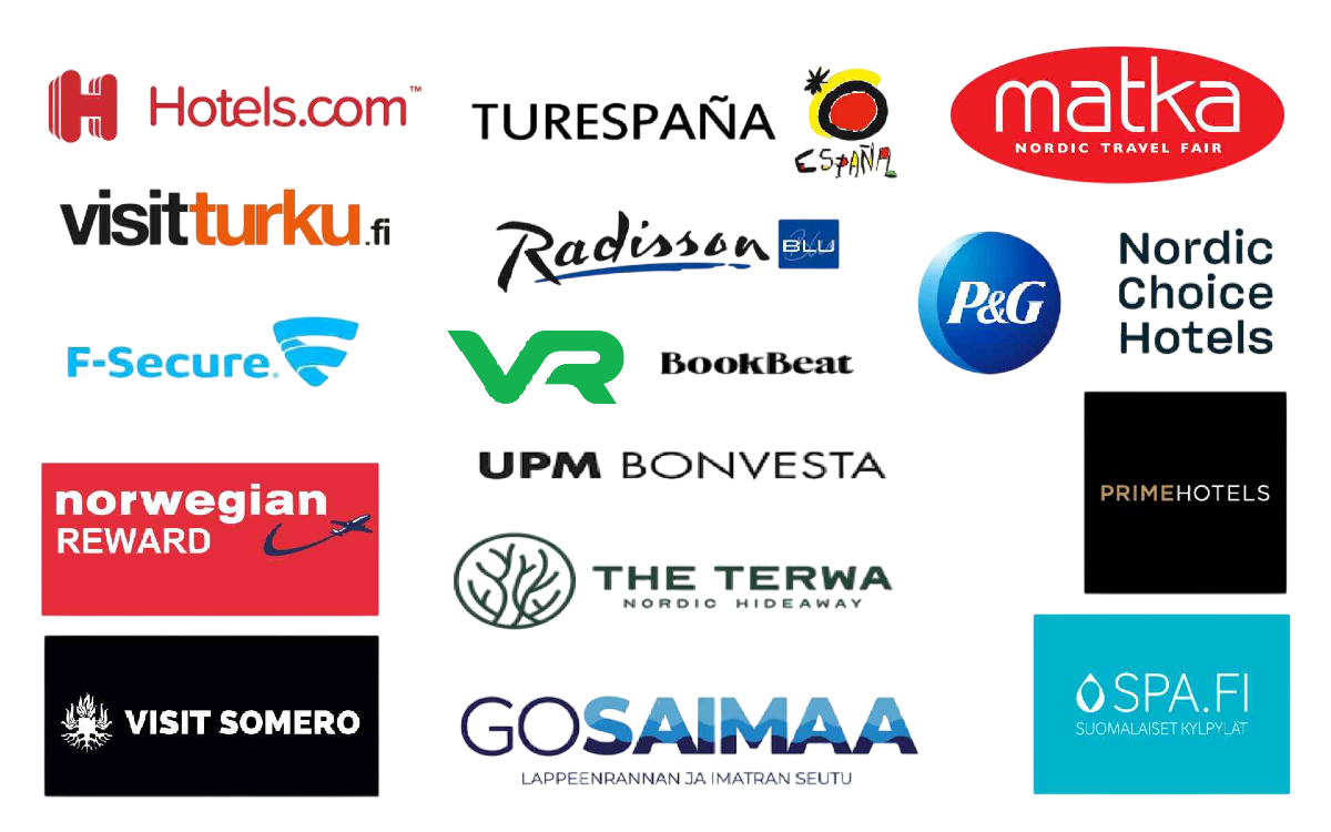 Tekemiämme yhteistöitä: Matkamessut, Hotels.com, Primehotels, Visit Turku, TurEspana, F-Secure, BookBeat, P&G, RadissonBlu, VR, The Terwa, GoSaimaa, UPM Bonvesta, Norwegian Reward, Visit Somero ja Spa.fi