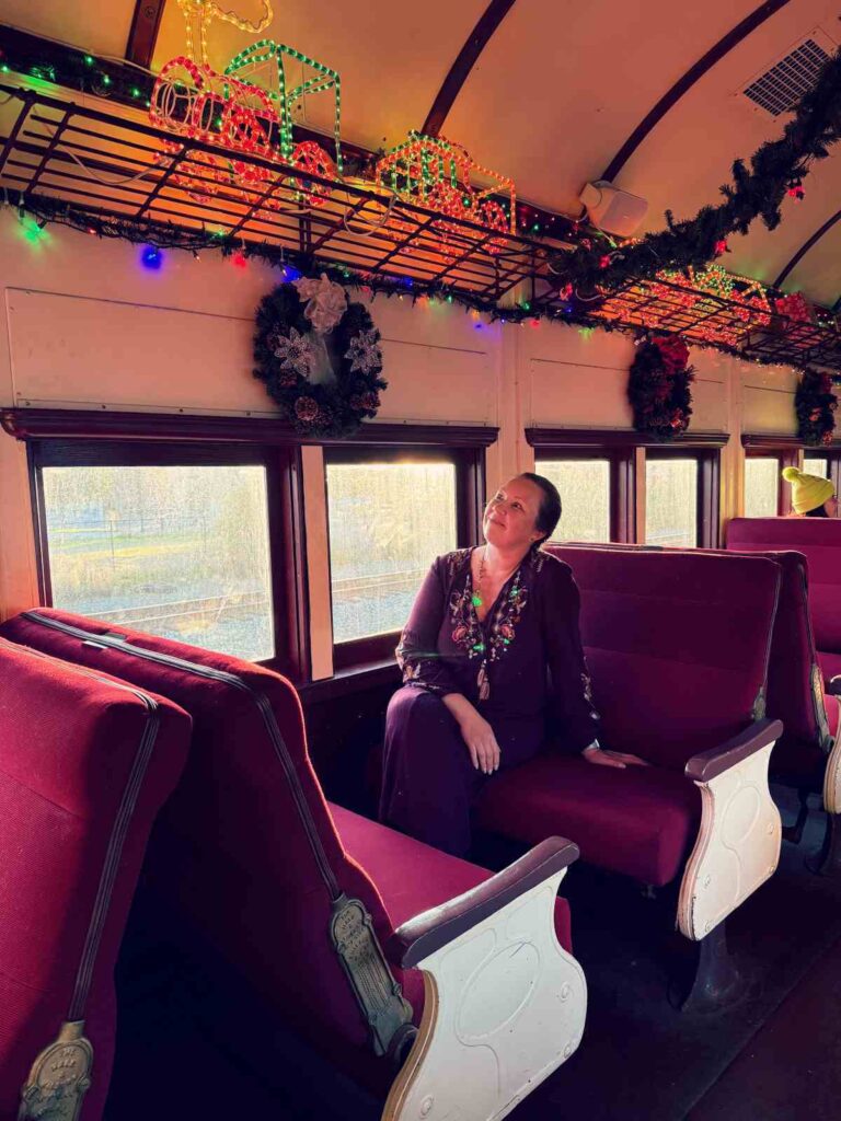 Bloggaaja Paula Kalifornian Niles Train of Lights joulujunassa sisällä