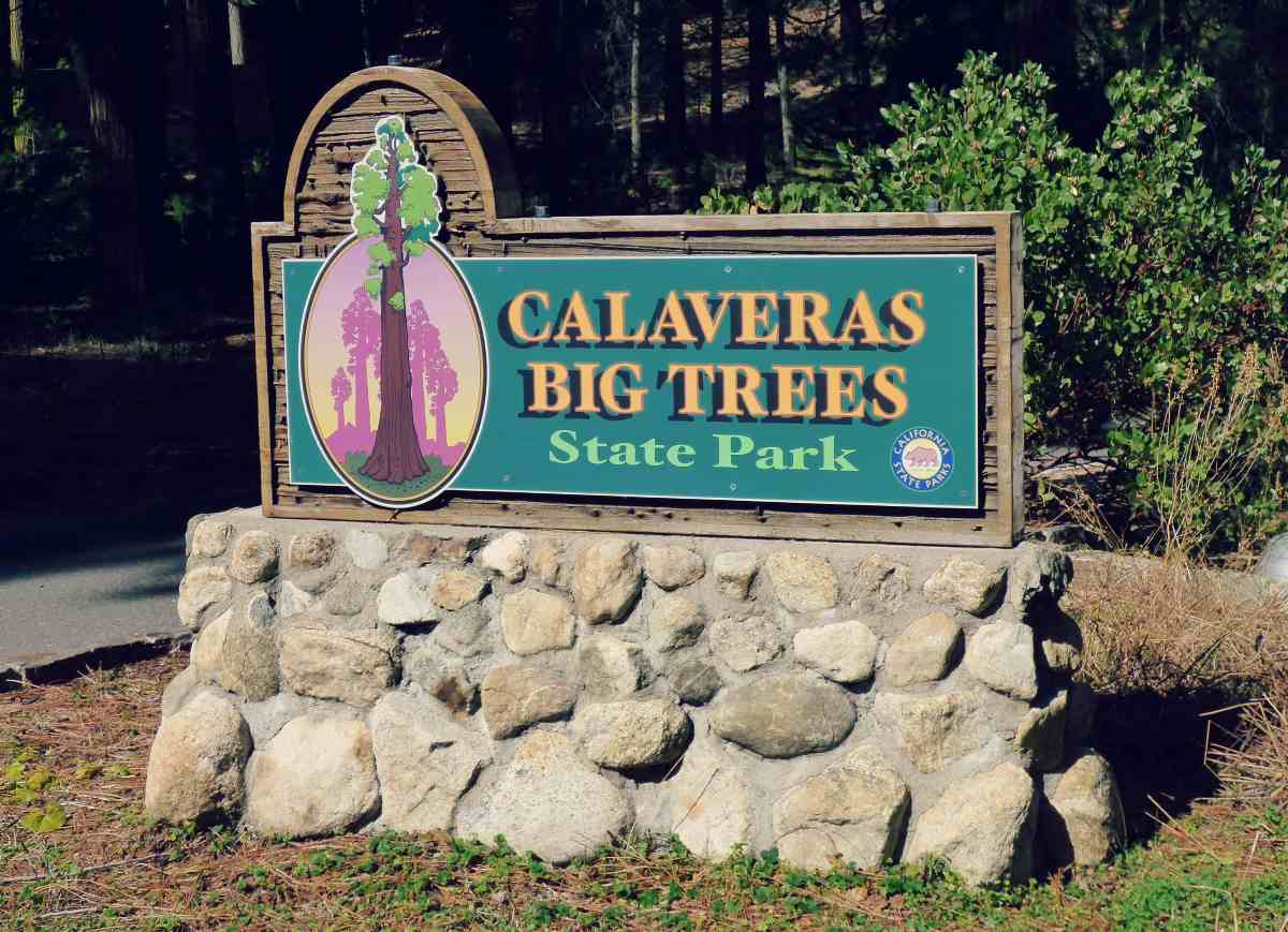 Calaveras Big Trees State Parkin kyltti puiston parkkipaikalla Kaliforniassa