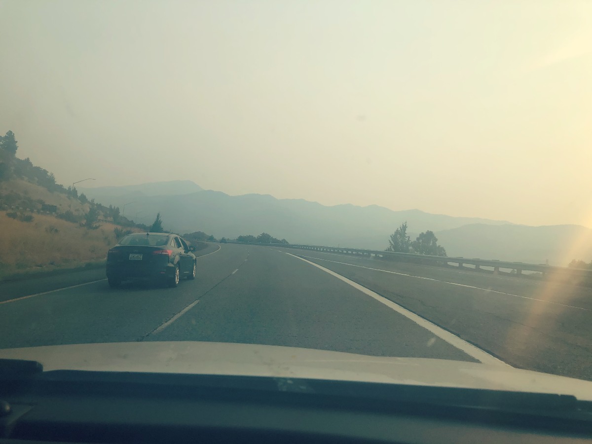 Smoky skies on the road to Crater Lake in Oregon
